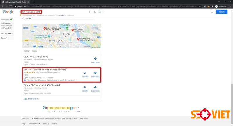 Map lên top với keyword “dịch vụ seo giá rẻ hà nội”