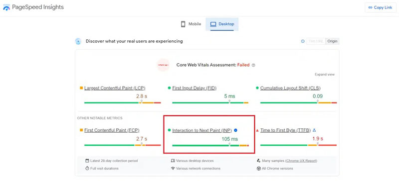 Cách đo lường INP vằng PageSpeed Insights